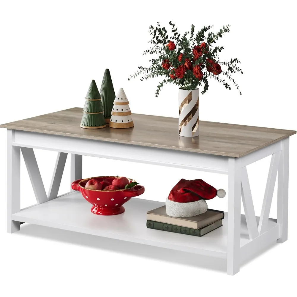 

Coffee Table, 43" Farmhouse Coffee Table with Storage Shelf & Sturdy V-Shaped Support, Wood Center Table for Living Room, Bedro