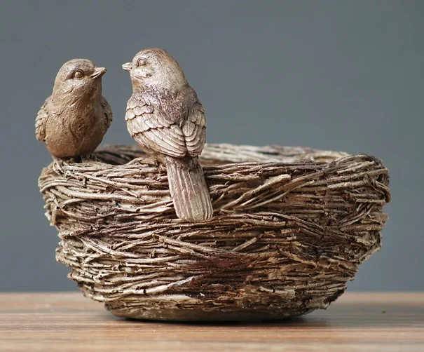 American Countryside Style Sparrow Bird Couple and Nest Resin Model Statue Decor Gift Craft Accessories Embellishment Furnishing