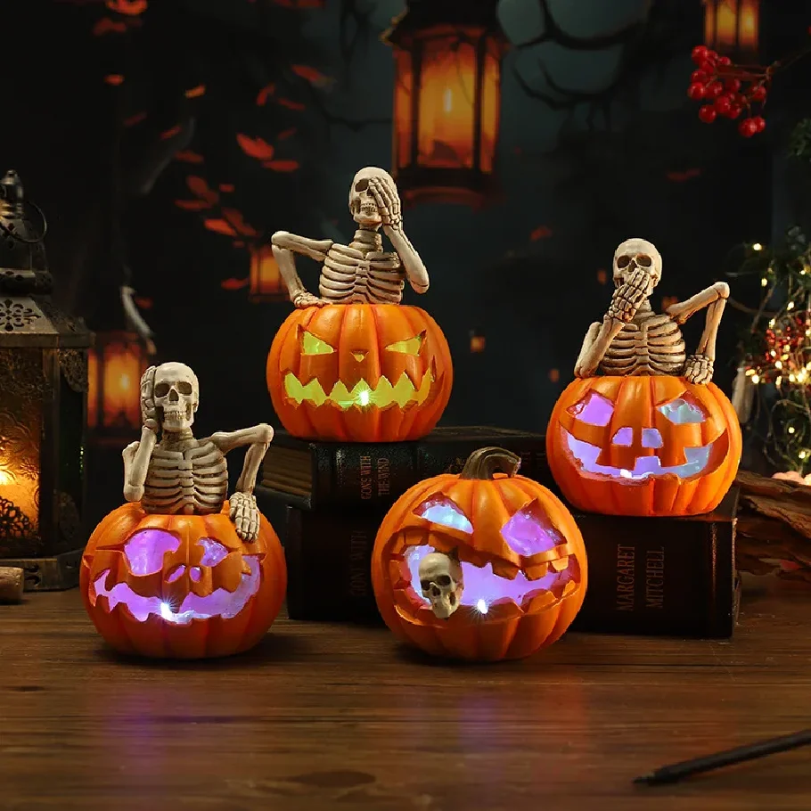 

Halloween Pumpkin Skeleton Figurines Pumpkin Lantern Decor Spooky Ghost Festival Skull With Lights Party Halloween Resin Crafts