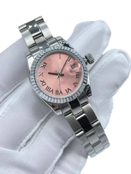 Elegant Women's 26mm Diamond-Studded Watch with Mechanical Movement, Calendar Window, and Rose Gold-Plated Steel Bracelet