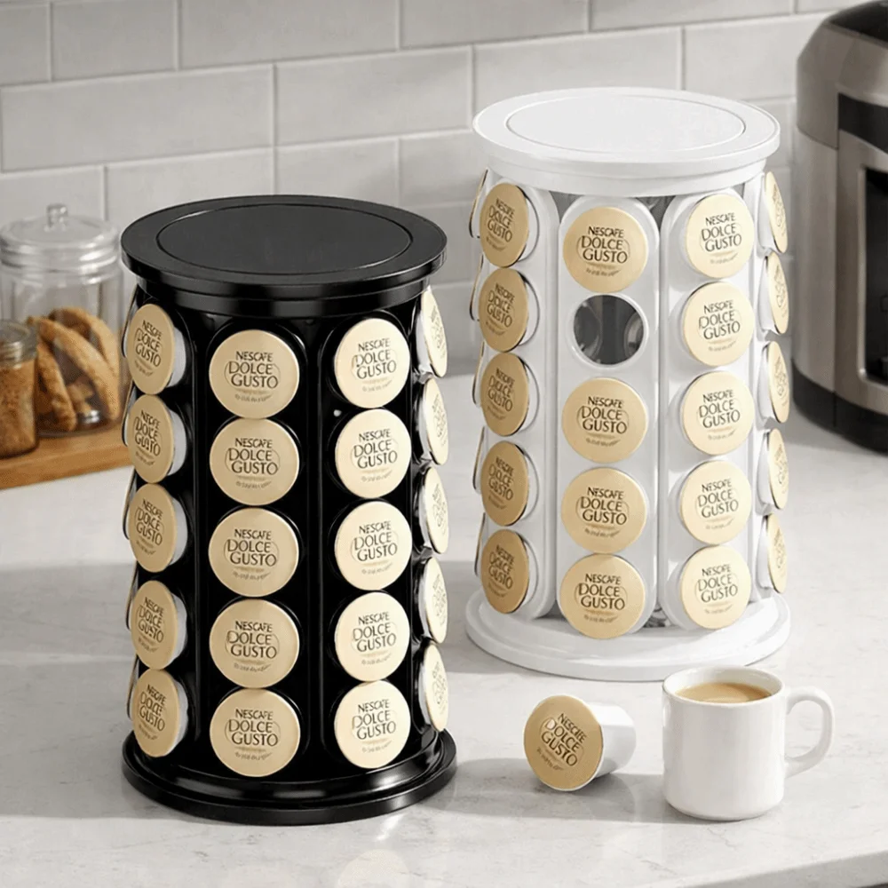Large Capacity Coffee Capsule Holder Plastic Material 360 Degree Rotating Capsule Storage Rack Tabletop Design Modern Style