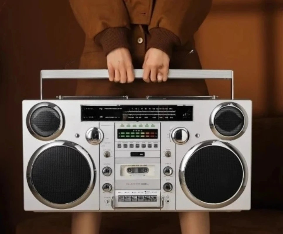 -Style Portable Boombox - CD Player, Cassette Player, FM Radio, USB, Wireless Bluetooth Speaker - Silver