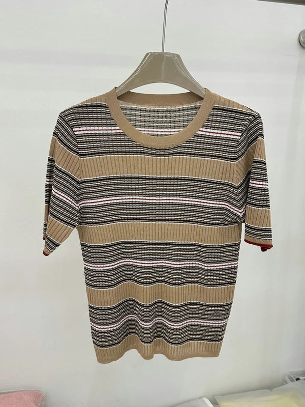 

Soft Cotton Ice Silk Knitted round Neck T-Shirt Women's Casual Stripe Patterned Summer Top Comfortable Vintage Style Fashion