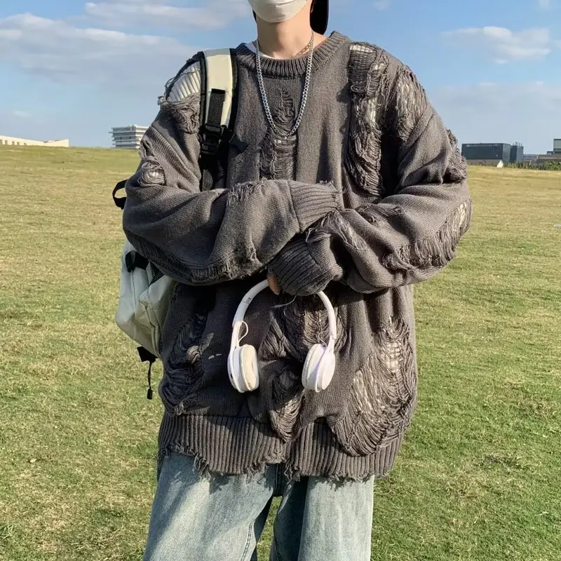 

Свободный крой, мужской трикотаж, большой размер, модный дизайн с отверстиями, осенне-зимний свитер с бейсбольным воротником, длинный свек, ретро INS Design, вязаный...