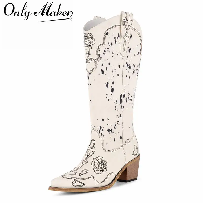 Onlymaker Pointed Toe Cow Print Western Cowboy Knee High Boots Embroidery Block Heel Retro Pull On Country Cowgirl Boots