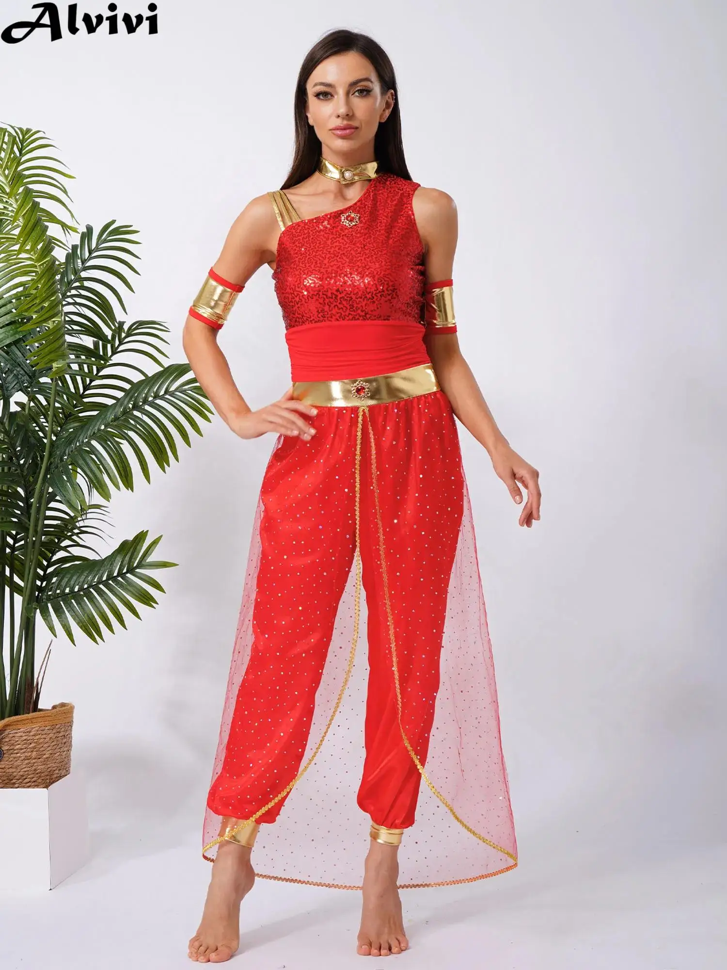 

Women Belly Dance Jumpsuit Halloween Carnival Arab Jasmine Princess Cosplay Costume Shiny Tulle Overlay Bodysuit with Sleeves