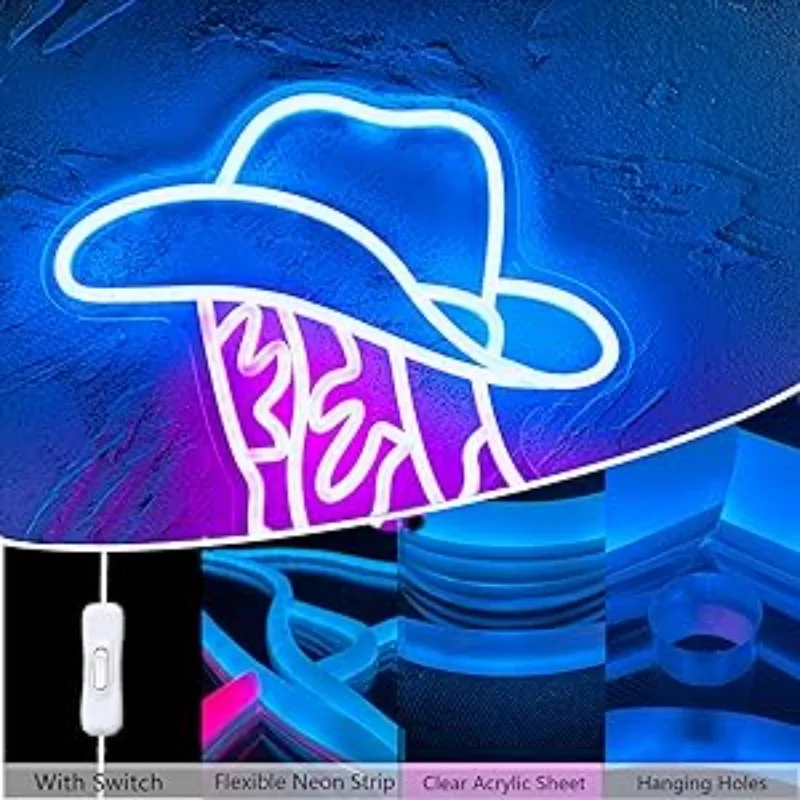 Hat Neon Sign, Pink Cowgirl Boots Neon Sign Wall Decor, USB Powered for Game Room Bedroom Party Bar Wedding Christmas (13*15in)