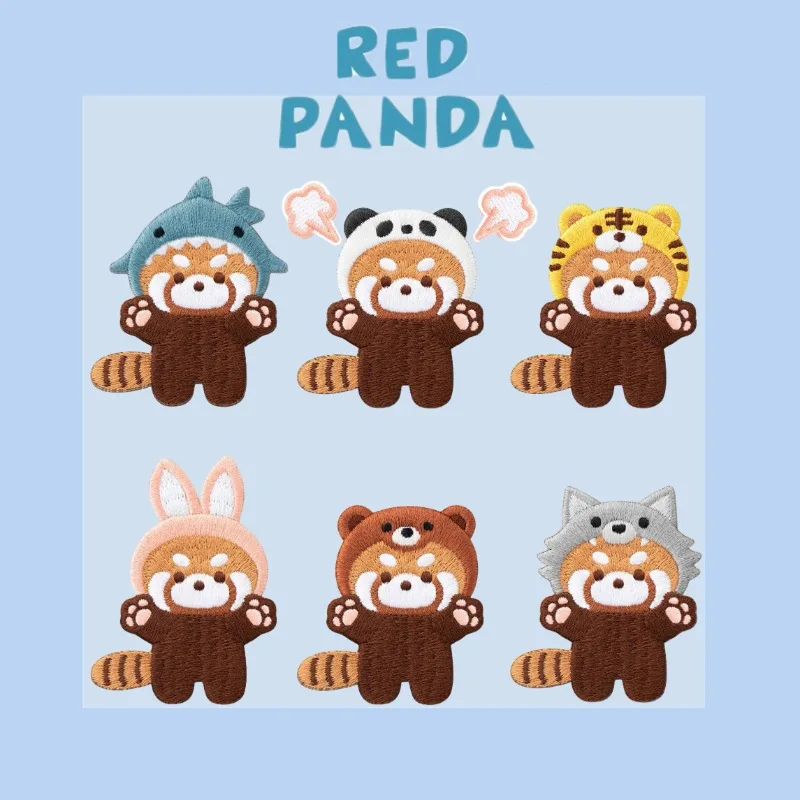 Cute Cross-Dressing Red Panda Embroidery Patch, Cloth Sticker, Bag, iPad, Mobile Phone, Clothes, Decoration, DIY, Self-Adhesive