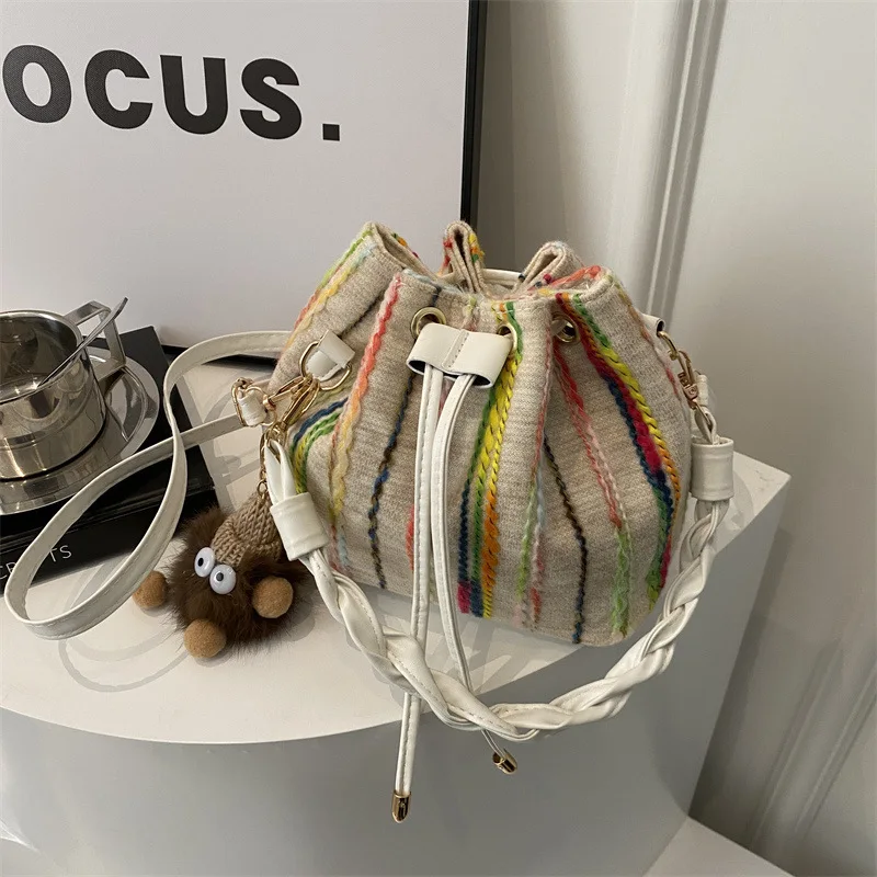 

New Women Fashion Crossbody Bag Bucket Bag Stripe Print Shoulder Bag Drawstring Handbag And Purses Small Handbag