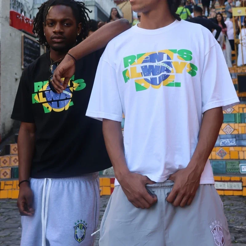 Streetwear Slogan T Shirt Brazil Flag Rents Always Due Print Pattern Short Sleeve New Y2K Retro Hip Hop Unisex Oversize Clothing