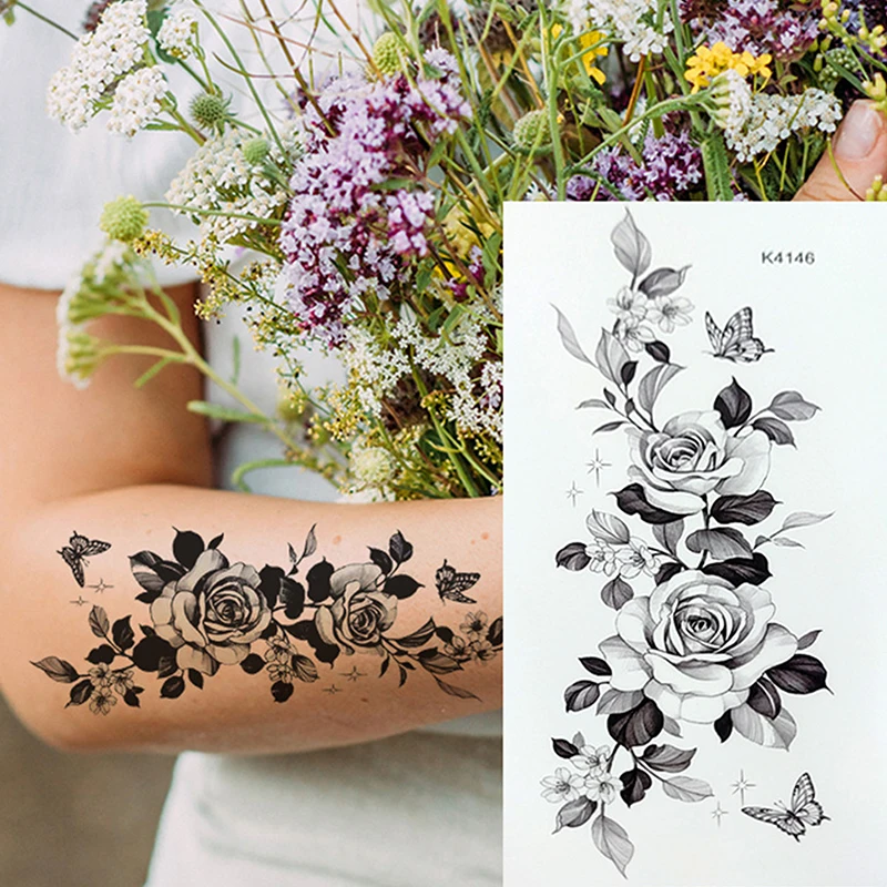 Temporary Tattoo Sketch Line Black Snake Dragon Rose Flowers Fake Tattoo Sticker Arm Sleeve Thigh Sexy Women Body Art Waterproof