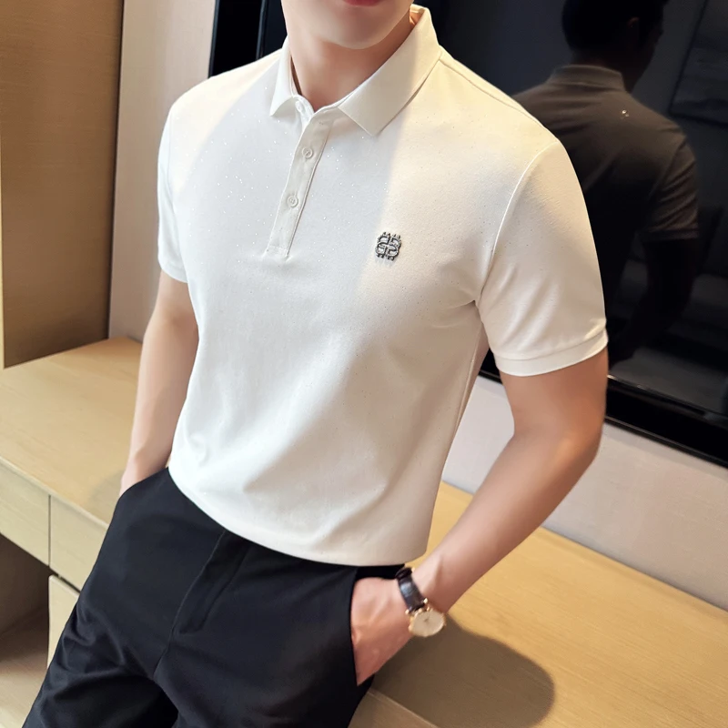 Men's Polo Solid Color, 69.5% Cotton Patch Diamond Slim Fit Short Sleeves, Fashionable Slim Fit Summer Top, 2024 High Quality