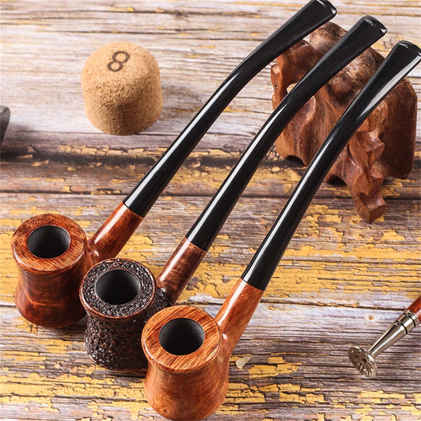 

Long Handle Briar Wood 3mm Filter Cut Tobacco Reading Pipe Retro Gentleman Handmade Smoking Pipe With Accessory Father's Gift