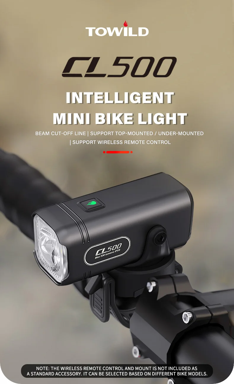 TOWILD CL500 Bicycle Lights Intelligent Mini Bike Light 500 Lumens Cycling Front Lamp Ipx6 Compact Headlights Bicycle Flashlight