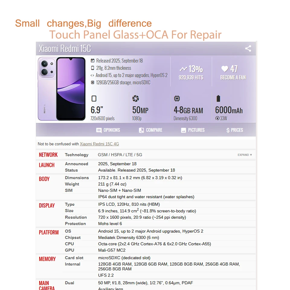 10 szt. Szkło dotykowe z OCA do Xiaomi Redmi 15 15A 15C 14C 14R 13C 5G 13 13R 13X 12 12C 11 10 9 9A 9T — zdjęcie produktu 4