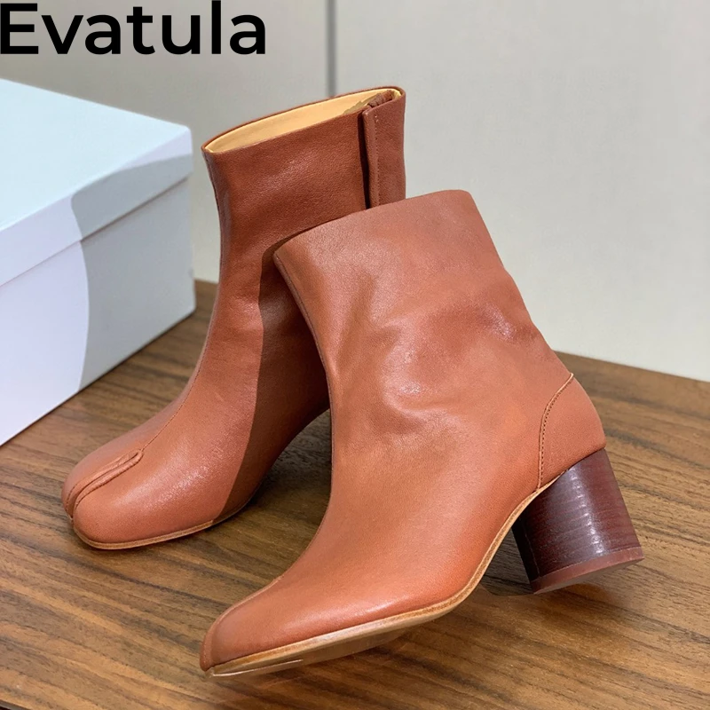 2024 Autumn High Quality Split Toe Round Mid Heels Ankle Boots Women Retro Real Leather Chelsea Boots Fashion Short Boots Femme