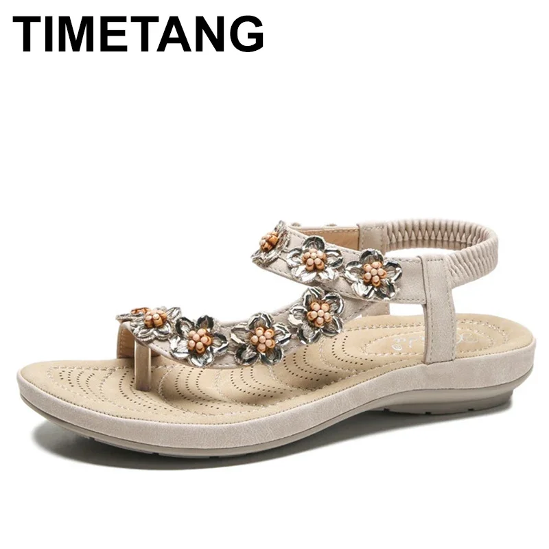 TIMETANGSummer woman sandals PU elastic band 2CM flat toe round toe chain pearl shallow flowers low heels shoes women shoes size