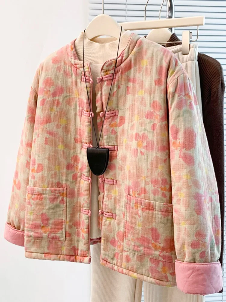 

Женская зимняя теплая верхняя одежда из хлопка и льна с ретро-художественным принтом, на пуговицах, с воротником-стойкой, омолаживающая