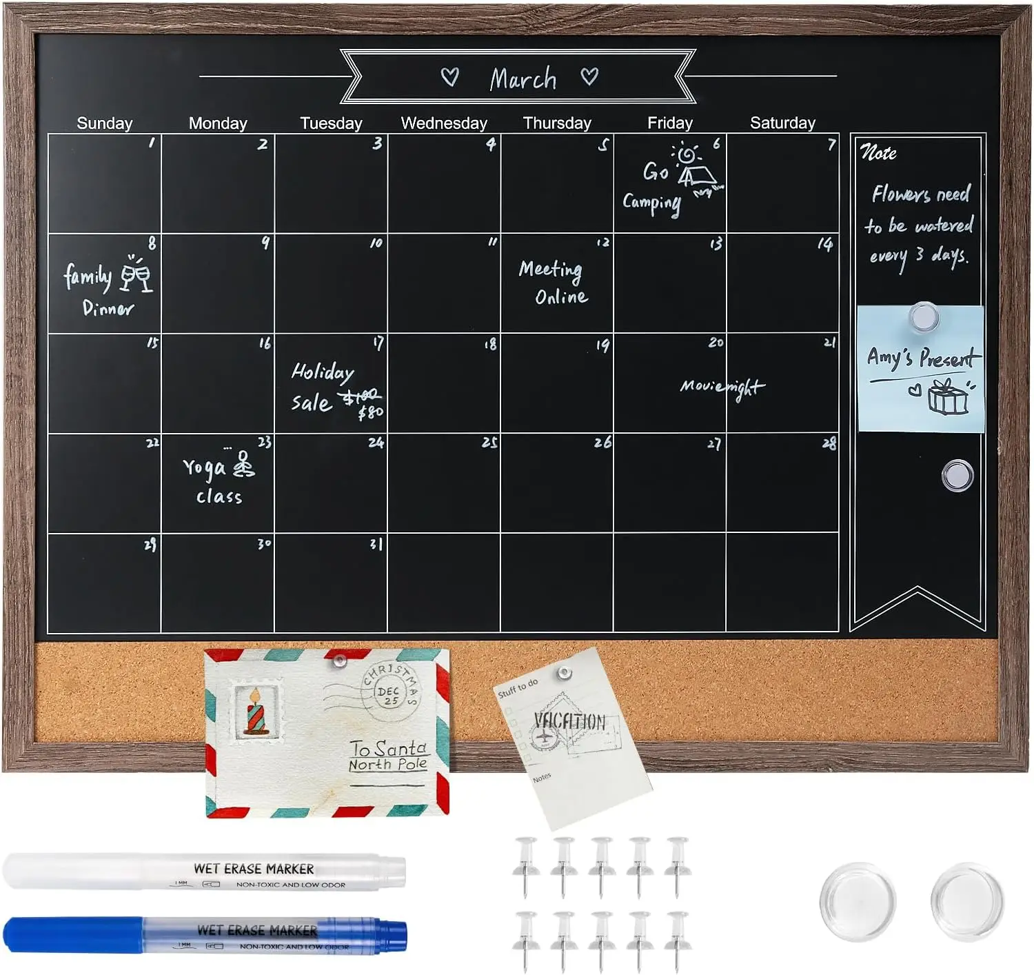 

Календарь-доска на деревянной раме 24x18 дюймов с пробковой доской, магнитная доска для заметок на стену, в комплекте маркеры и магниты
