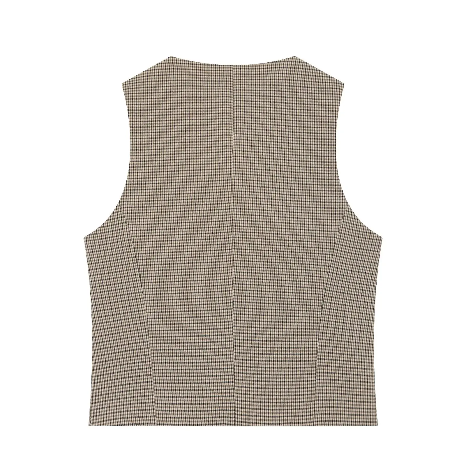 BSAY 2026 Vintage Büro-Damenanzug mit kariertem, doppelreihigem, kurz geschnittenem Gilet und hochtaillierter, weit geschnittener Hose mit Gürtel. – Detail 5