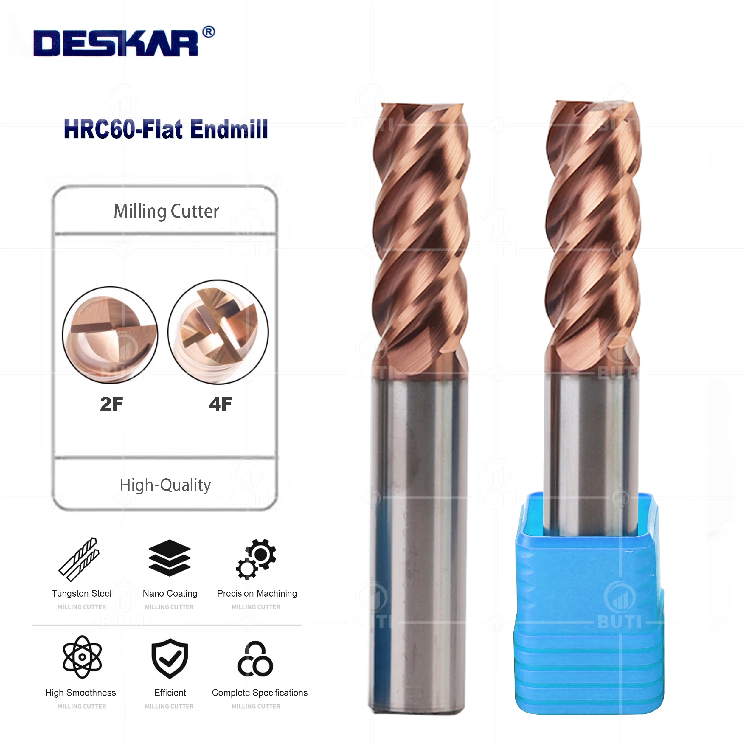 DESKAR 100% Original HRC60 2F 4F 4x50L 5x50L 6x75L 8x100L 10x75L 12x75L 14x100L 16x100L Alloy Flat Endmills Milling Cutter Tools