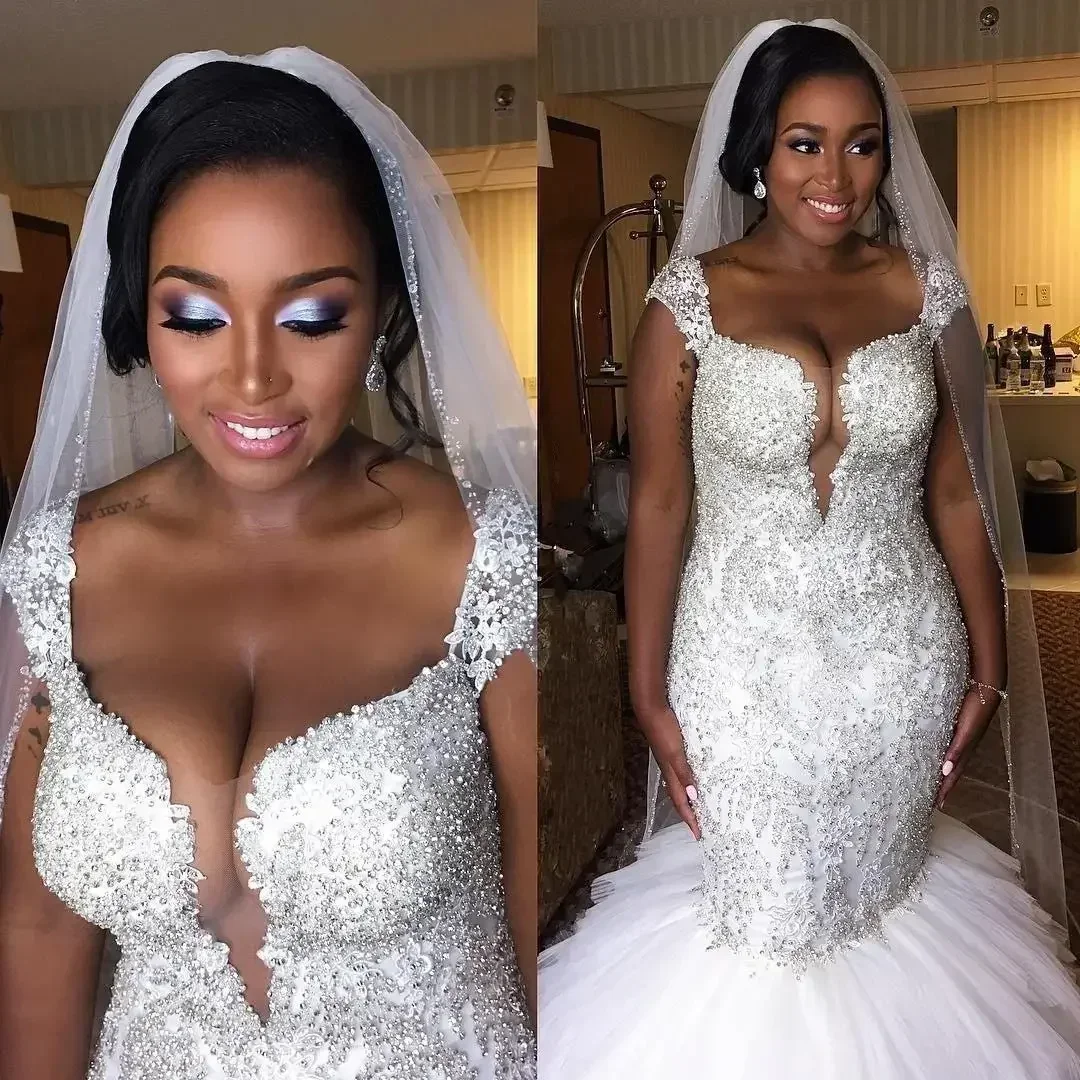 Customized African Style Plus Size Mermaid Dresses Cap Sleeves Beaded Crystal Ruffled Tulle Puffy Wedding Gowns Vestidos
