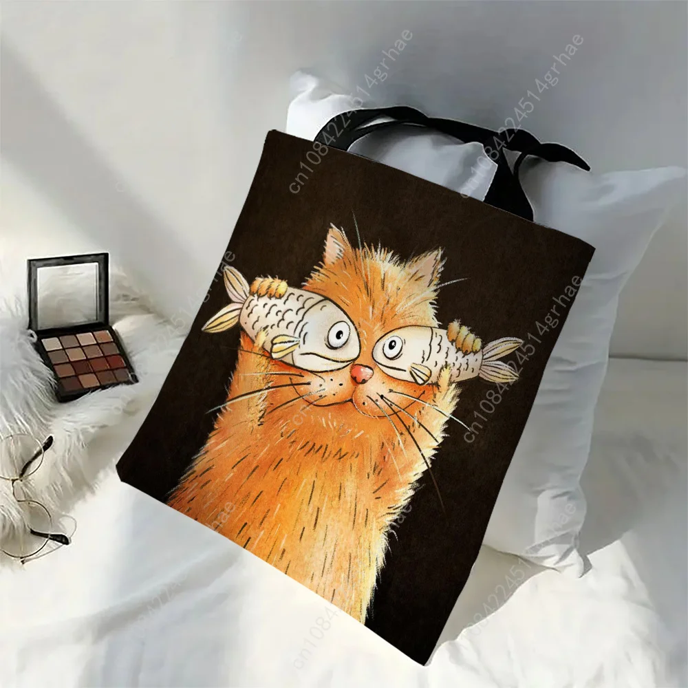 1 Buah Tas Tote Kucing Kartun Unik Tas Belanja Ikan Kartun untuk Hadiah Wanita Tas Belanja Dapat Digunakan Kembali Ramah Lingkungan Tas Luar Ruangan
