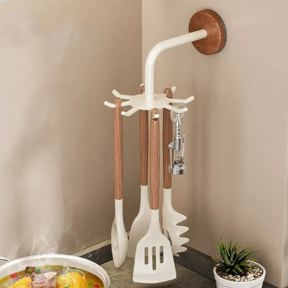 

Multi-functional No Drill Kitchen Storage Rack Anti Drop Wall Mounted 360 Rotating Hooks Space Saving Utensil Organizer Balcony