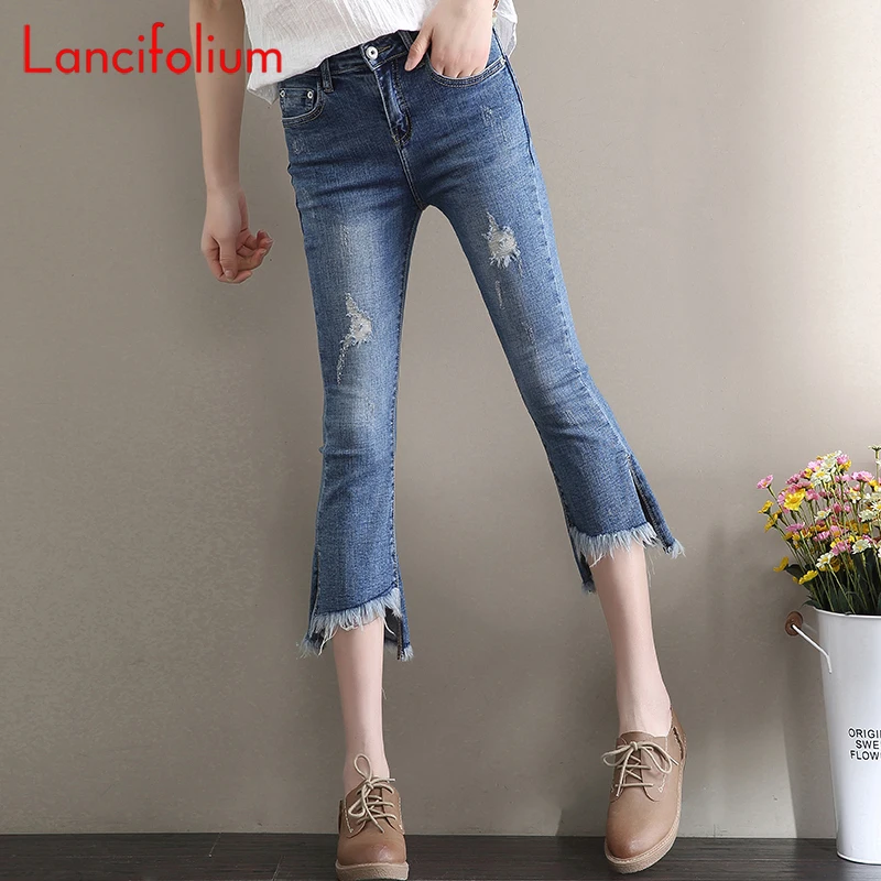 Summer Denim Calf Length Pants Ripped Tassel Irregular Split High Waist Bodycon Gaiters Sweet Streetwear Jeans Flare Pants Women