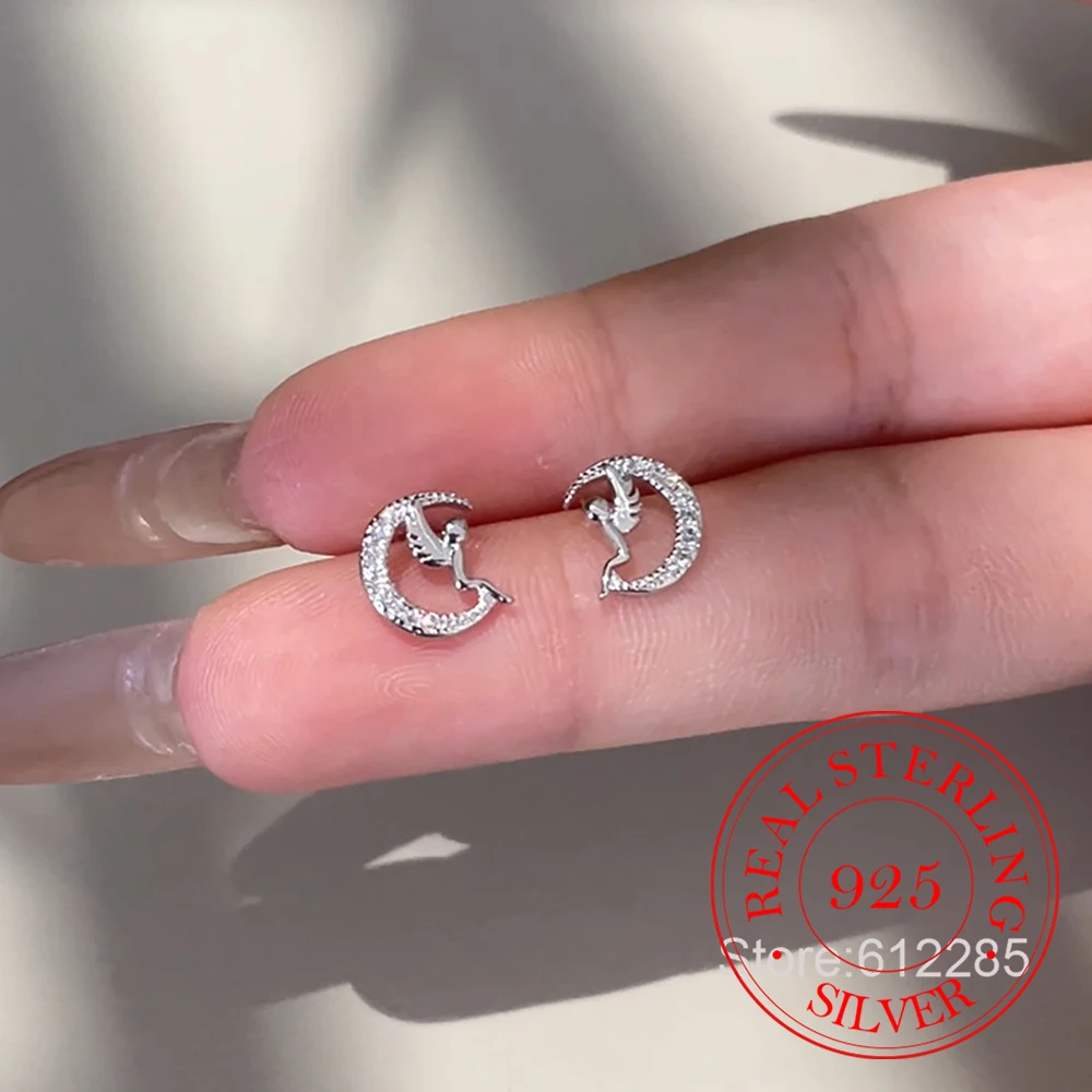 

Серьги-гвоздики из стерлингового серебра 925 пробы с кристаллами и ангелом и луной для женщин, рождественские подарки, украшения для пирсинга, Aretes De Mujer, подарки на вечеринку