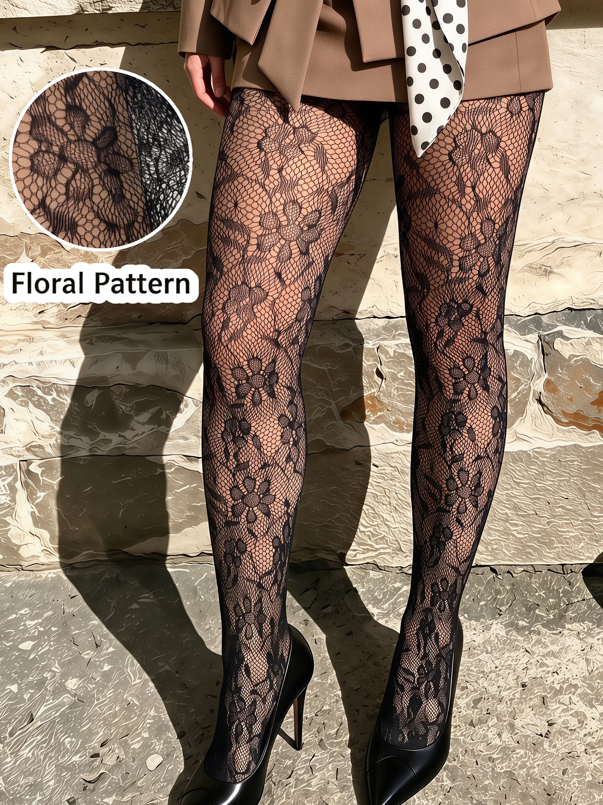 1-Pack Women's Black Vintage Floral Fishnet Tights High Elastic Soft Exquisite Mesh Pantyhose