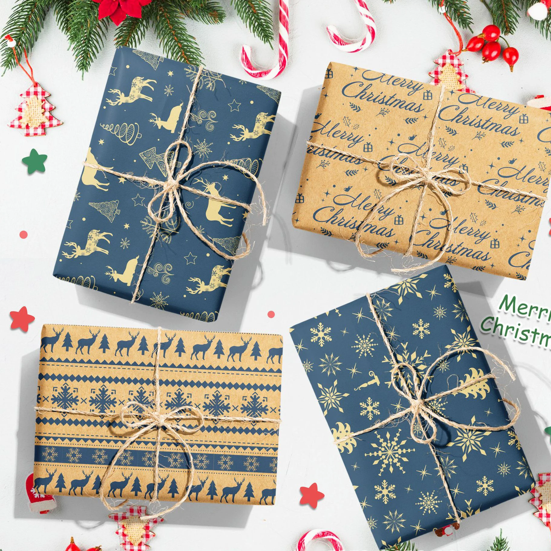 Snowflakes Pattern Paper Patterned Christmas Wrapping Paper Festival Decorative Paper Christmas Reindeer Gift Wrap For Presents