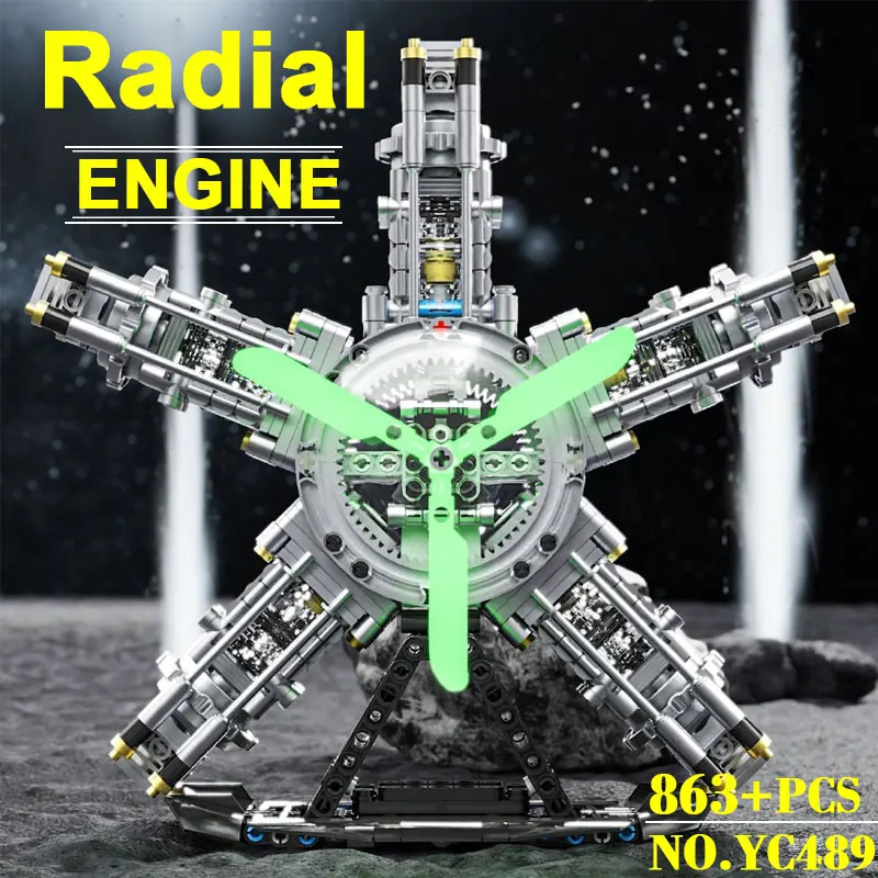 Motore Radiale Tecnico MOC 863 Pezzi, Blocchi da Costruzione, Modello di Aereo a S-Cilindro Motorizzato con Luce LED, Giocattolo STEM per Bambini e Adulti