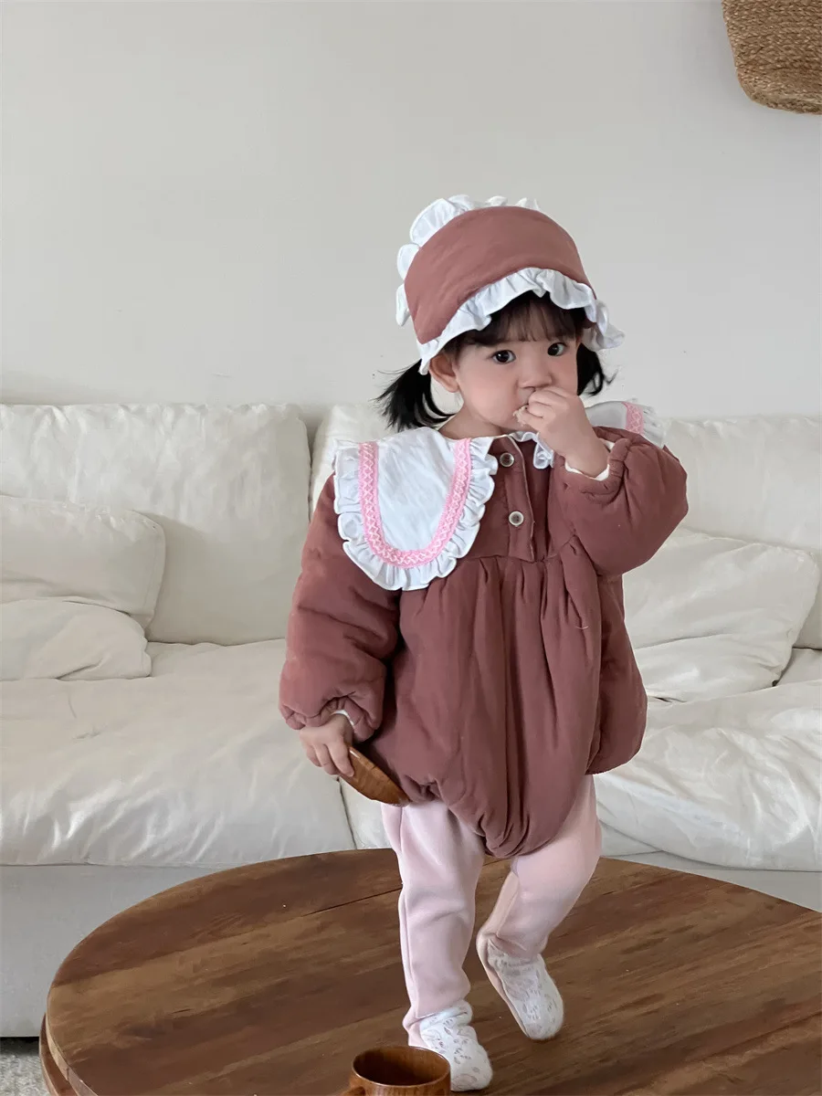 2024 Winter New Baby Girl Large Lapel Fleece Bodysuit + Hat Plus Velvet Thick Newborn Cotton Jumpsuit Infant Warm Clothes 0-24M