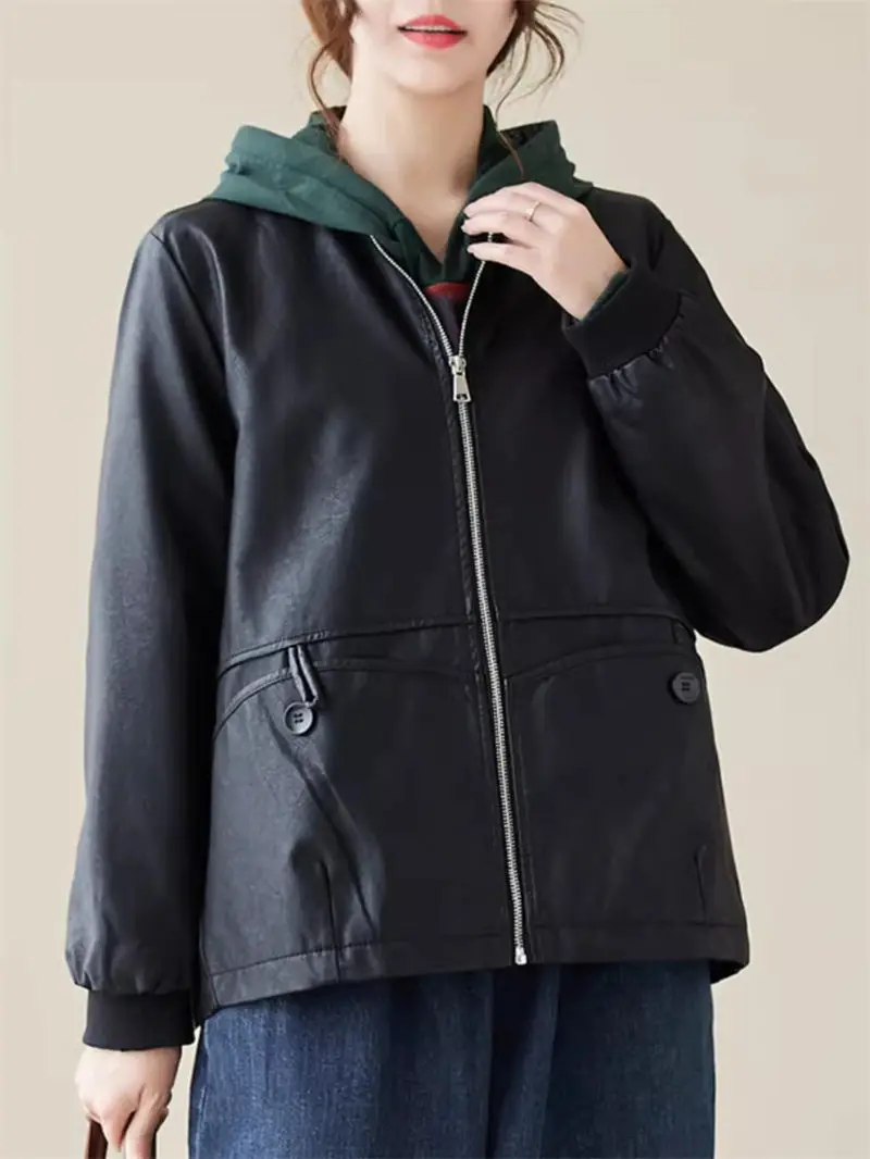 2024 Frühling und Herbst reiner schwarzer Pu-Ledermantel für Damen locker lässig vielseitige kurze Baseball-Neck-Top-Jacke z4818