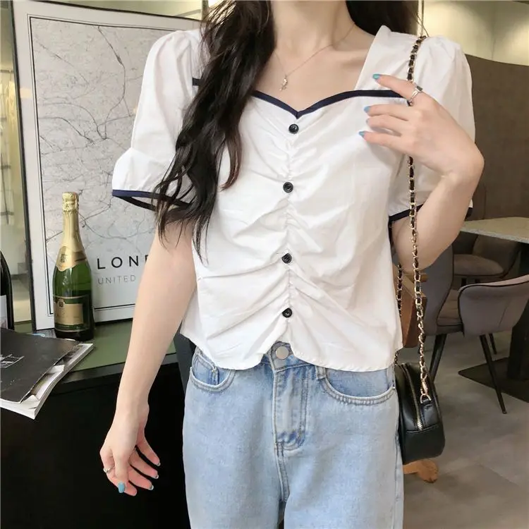 Niche Short-sleeved Square Collar Shirt for Women Puff Sleeve Top