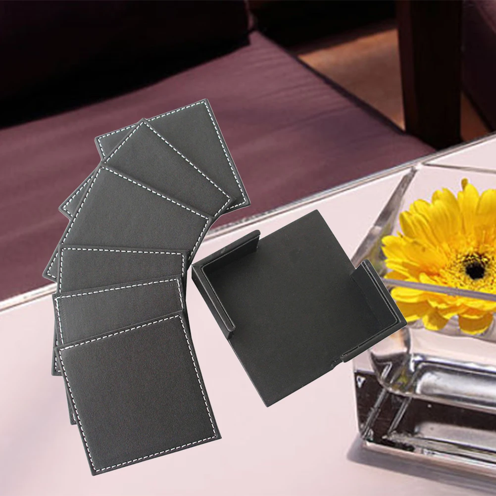 

6pcs Pu Square Coasters Set Heat Resistant Tableware For Cups Glasses Dining Mat Easy Clean Black