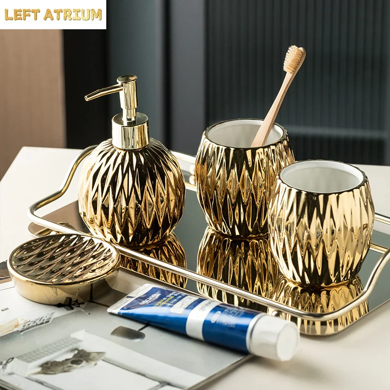 Light Luxury Electroplated Ceramic Wash Set Creative Soap Dispenser Mouthwash Cup Soap Dish Set Home Bathroom Accessories Set