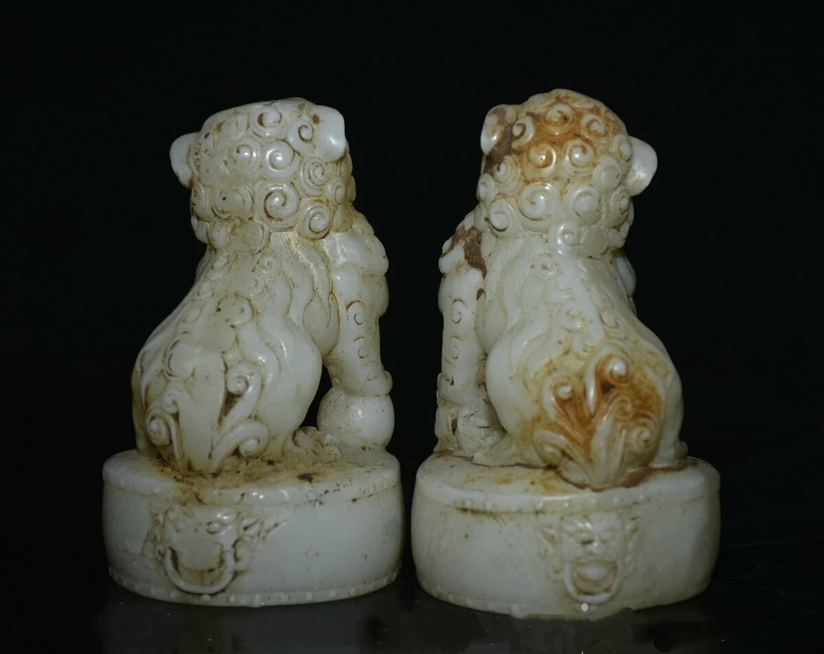 4.6 "الصين القديمة اليشم الأبيض نحت فنغشوي فو فو الكلب الحرس تمثال الأسد زوج #3