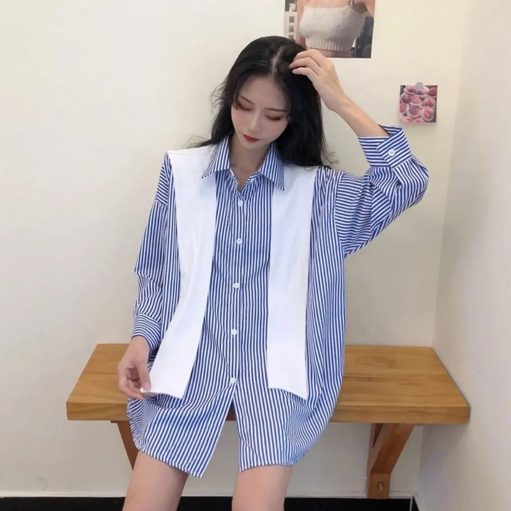 

Classic Long Sleeved Shawl Blouse V-neck Patchwork Stripe Shirts Two-piece Set Thin Flip Collar Women Loose Shirts Streatwear