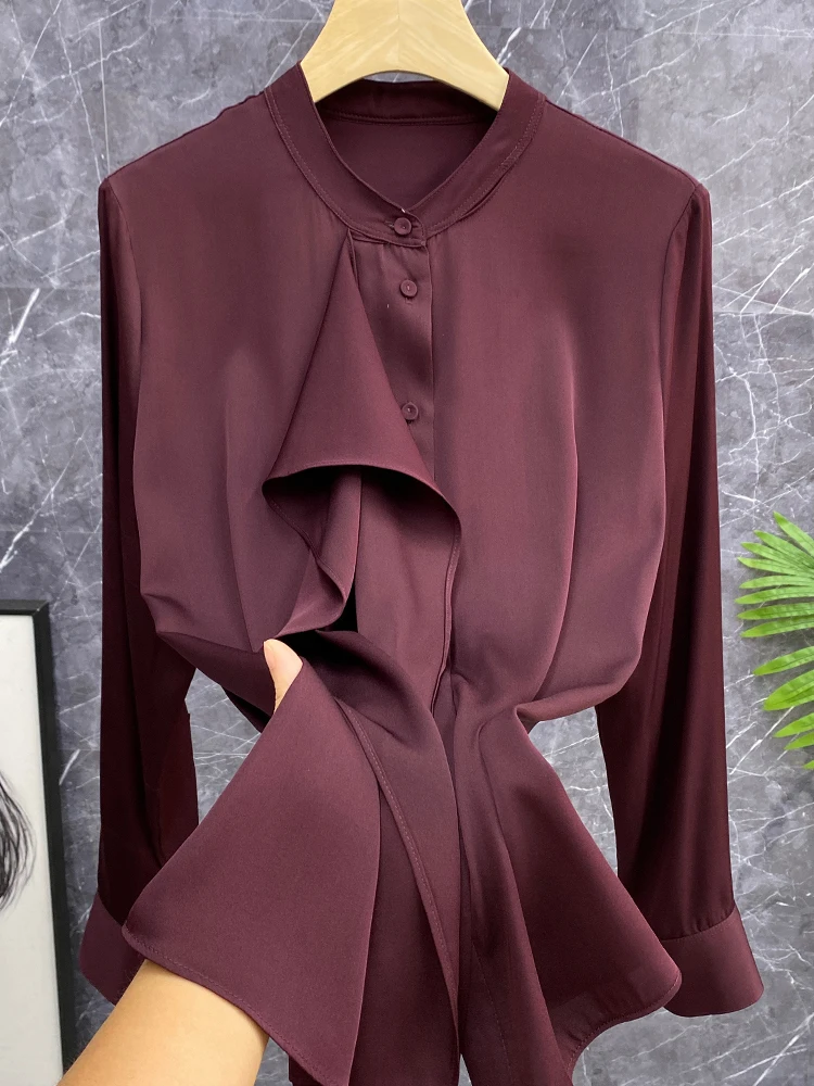 

White Enhancing Purple Heavyweight Asymmetrical Silk Long Sleeve Shirt with Pleated Detail True Silk Women's Premium Top