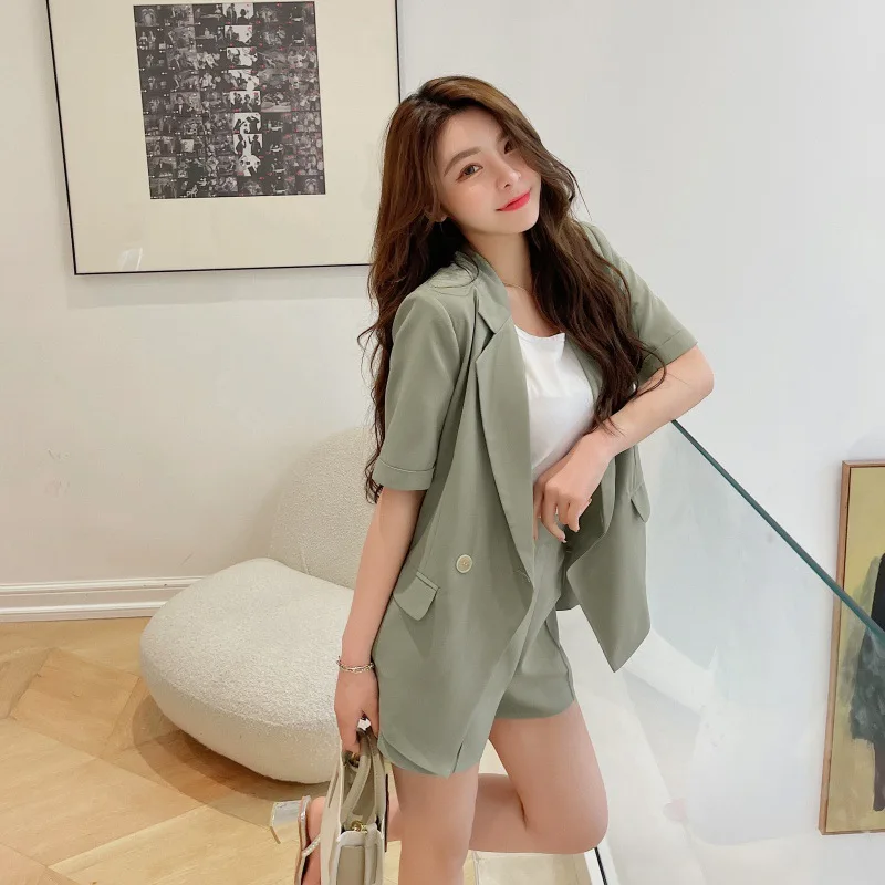 Matakawa 2 Piece Sets Women Outfit Solid Korean Fashion Summer Short Sets Loose Sweet Blazers Casual Conjuntos De Pantalon