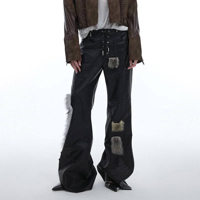 FEWQ Niche Irregular Multi Splicing PU Leather Pants Trend 2024 Darkwear Wide Leg Male Trousers New Korea Fashion 24E1539