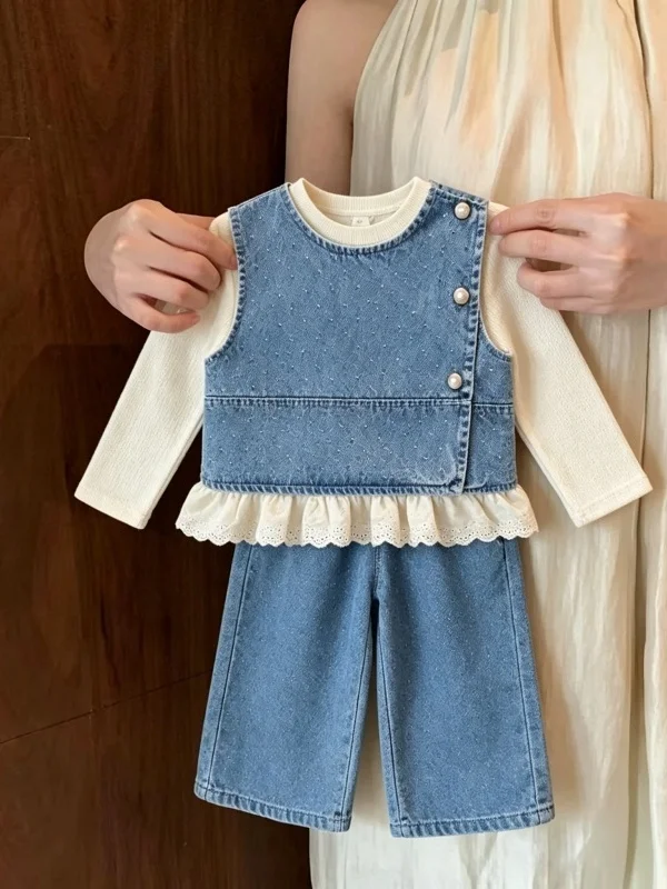 Girls Casual Fashionable Autumn Set Long Sleeve Base Shirt Jeans Three Piece Set Children's Vest Bottoming Shirt Pants