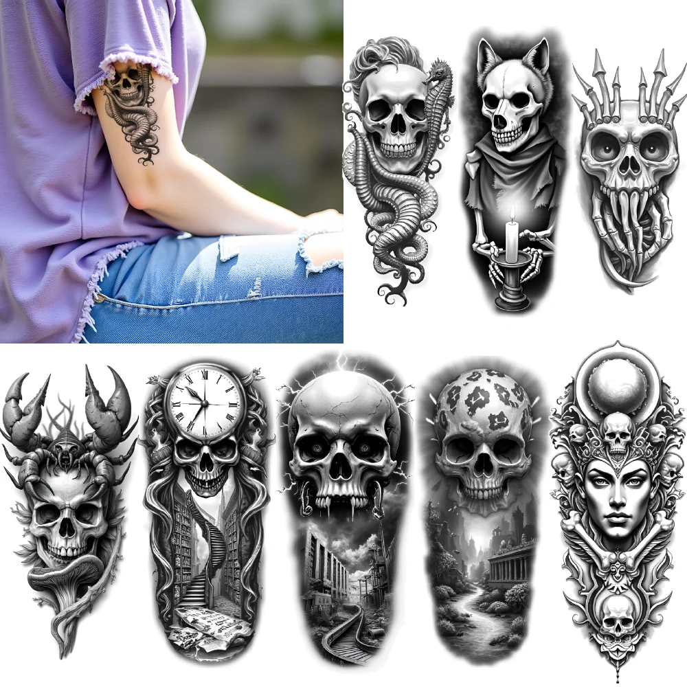 

3pcs Temporary Tattoo Vampire Skeleton Realistic Temporary Tattoos Skull And City Skull With Candle Black And Grey Realism For