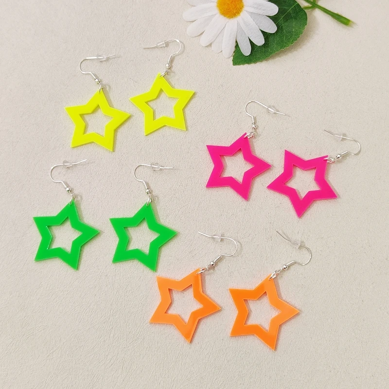 KUGUYS Hollow Out Colours Star Drop Earrings for Women Neon Acrylic Jewelry Sample Trendy Accessories