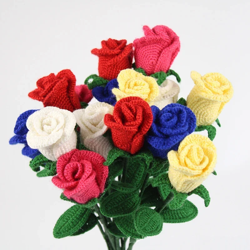 

3pcs Women Handmade Knitted Flower Crochet Rose Flower Bouquet Weeding Gift Home Decoration Knitting Artificial Flowers