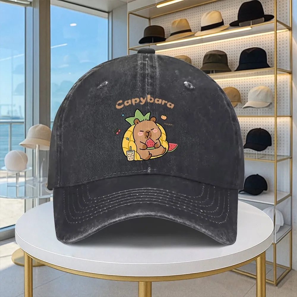 Capybara Eating Watermelon Baseball Cap Washed Denim Adjustable Street Style Hat Unisex