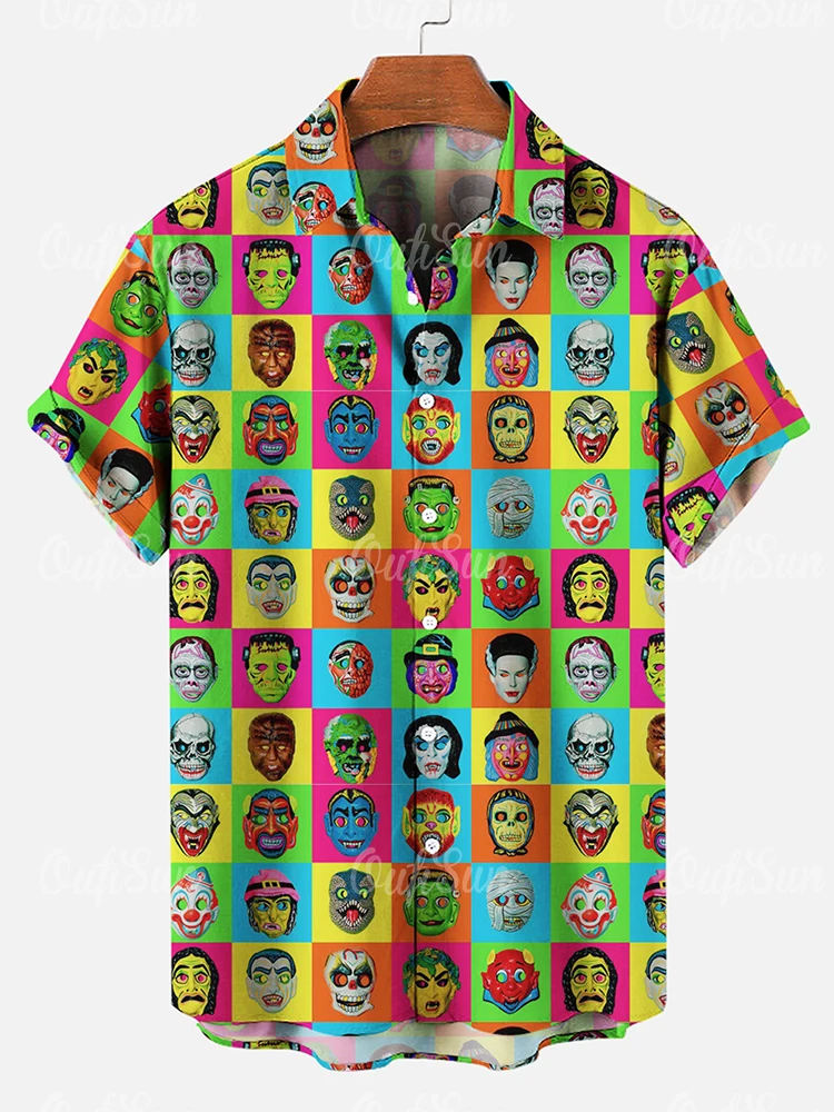 Horror Face Shirt For Men Mask Plaid Pattern Short Sleeved Shirt Top Summer Casual Tees Oversized Blouse Hawaiian Men\'s Clothing