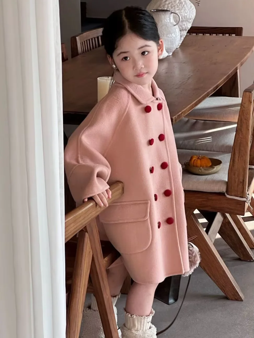 Girls Winter Long Wool Coat New Pink Sweet Style Overcoat Kids Fashion Outerwear 130-170CM